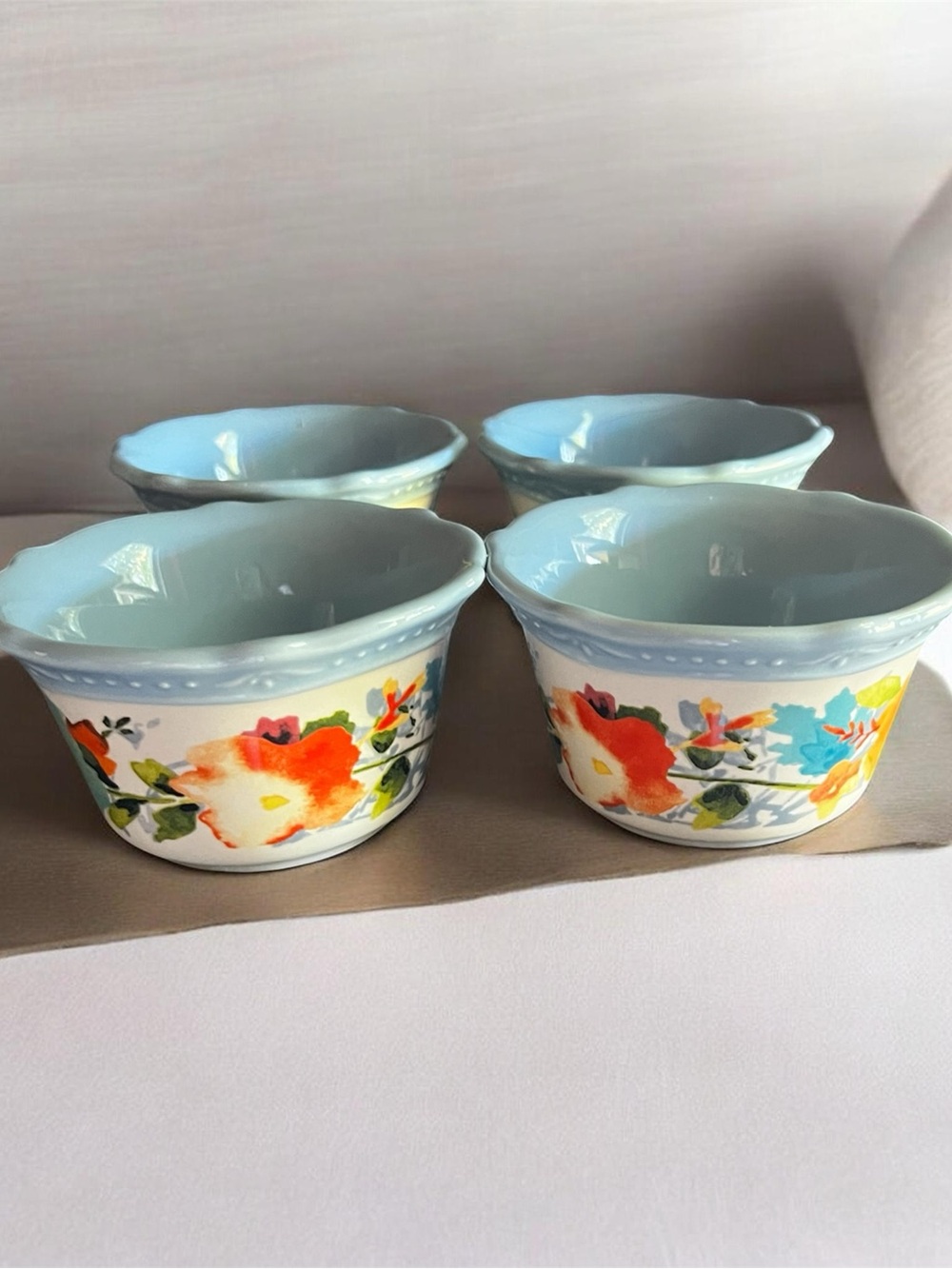 The Pioneer Woman Vintage Floral Stoneware Ramekins with Blue Interior